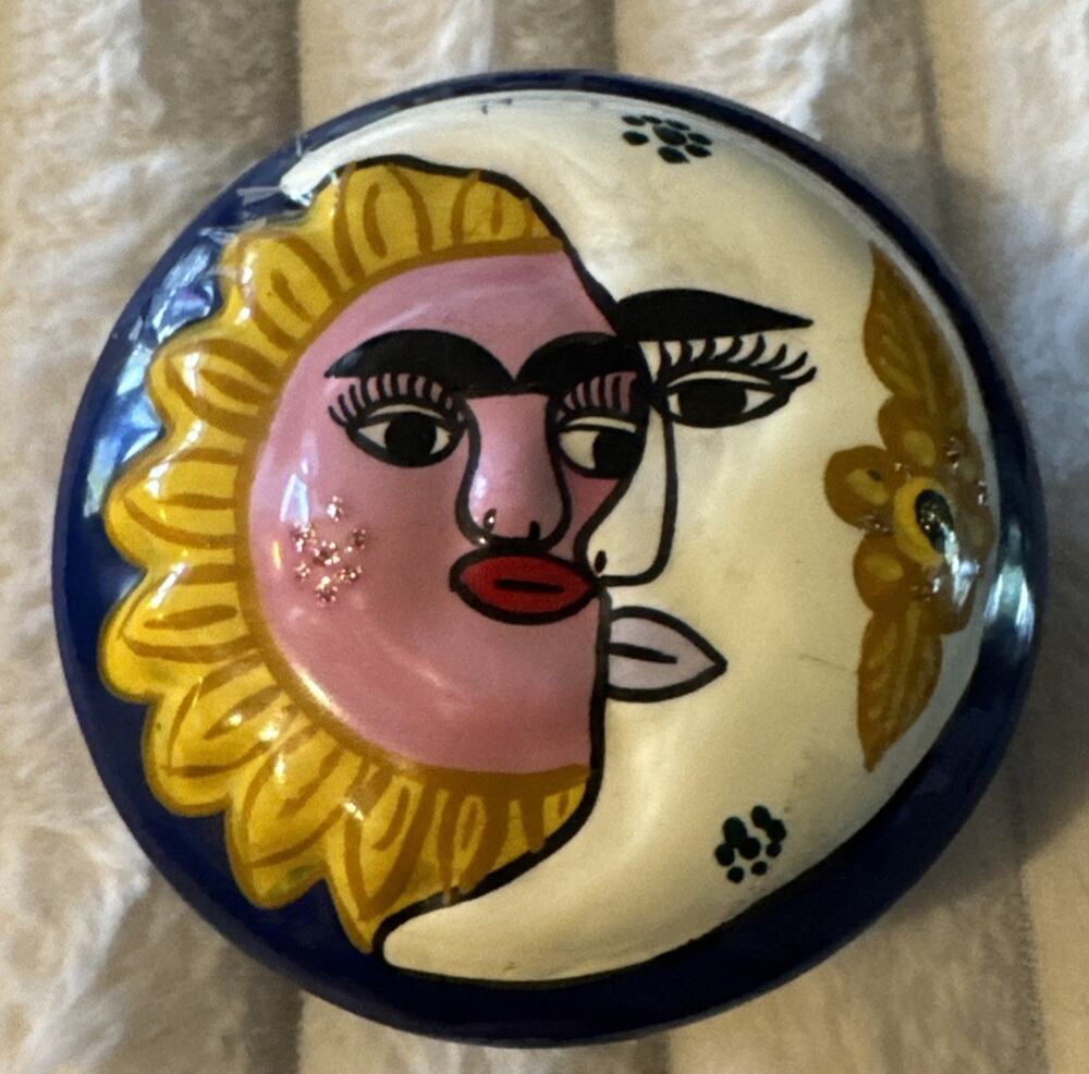 Mexican Folk Art CELESTIAL Sun Moon TRINKET BOX Hand Painted Pottery 3.5" Blue